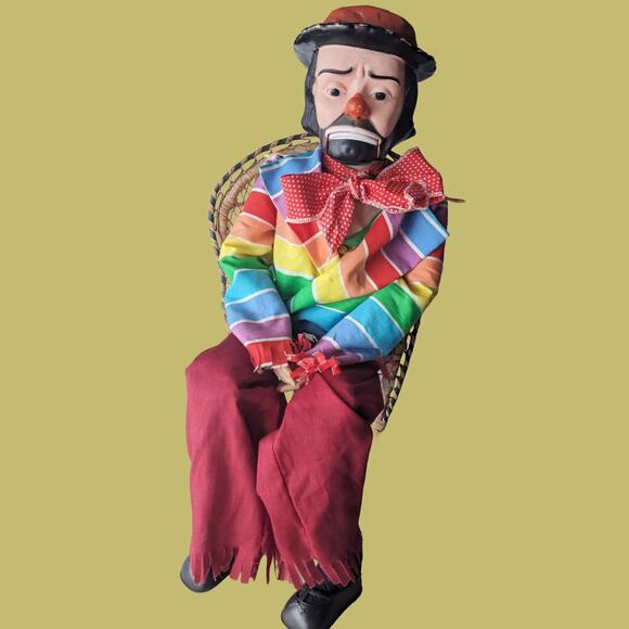 Vintage 1990s Emmett Kelly Hobo Clown 30" Ventriloquist Dummy in Rainbow Jacket - Picture 2 of 5